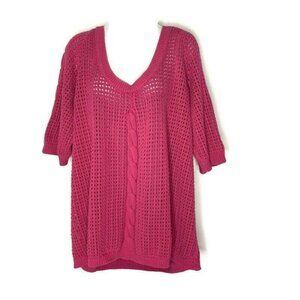 Lane Bryant Sweater Womans 22 / 24 Pink Cotton Short Sleeve Knit Open Weave
